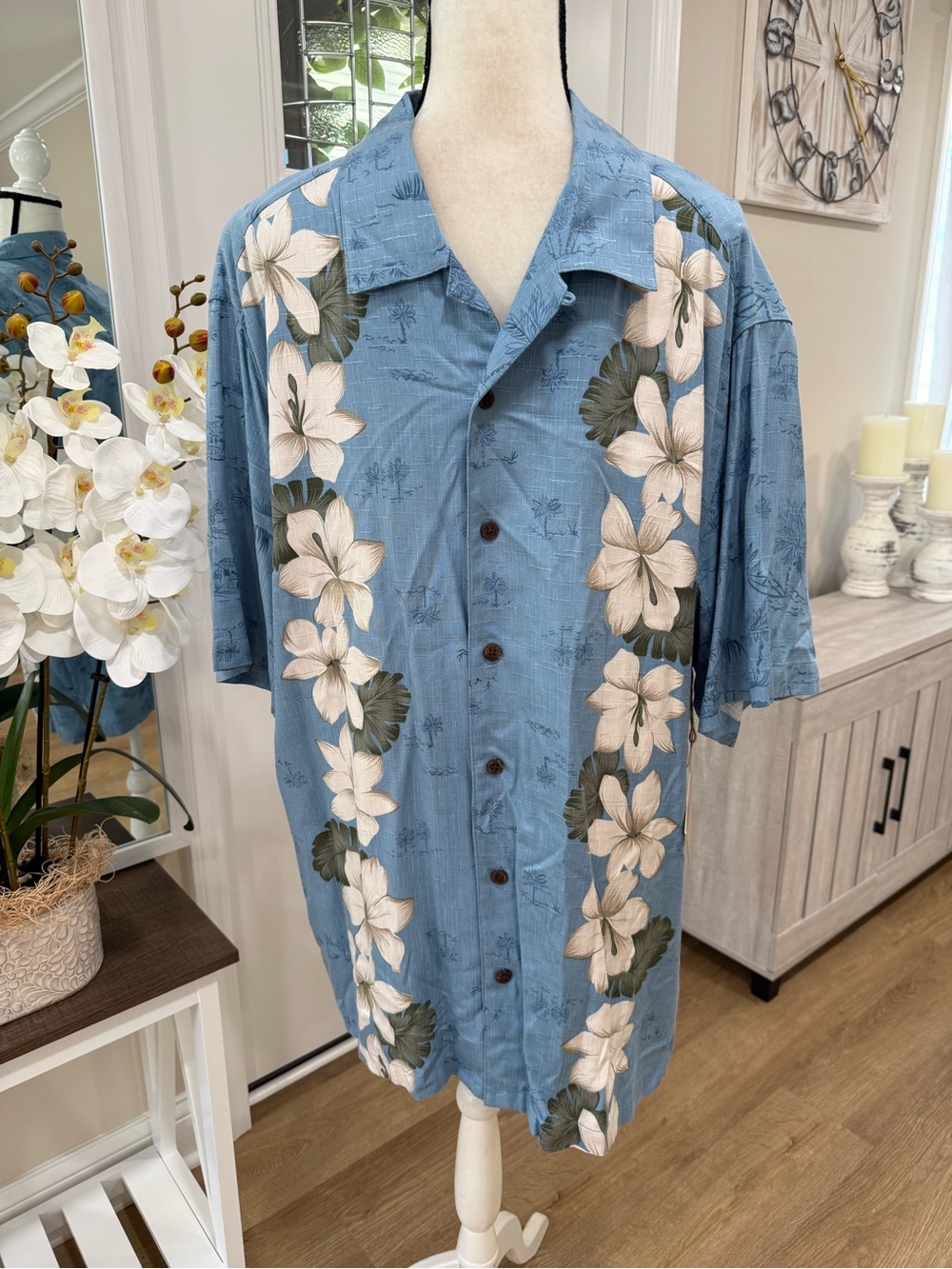 Caribbean Joe Aloha Hawaiian XL Shirt Tiki Huts Palm Trees Hibiscus Tropical New